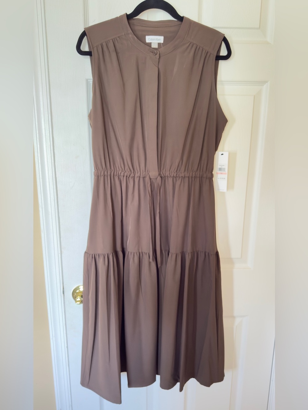 Calvin Klein Sleeveless Tiered Midi Dress in Taupe Brown